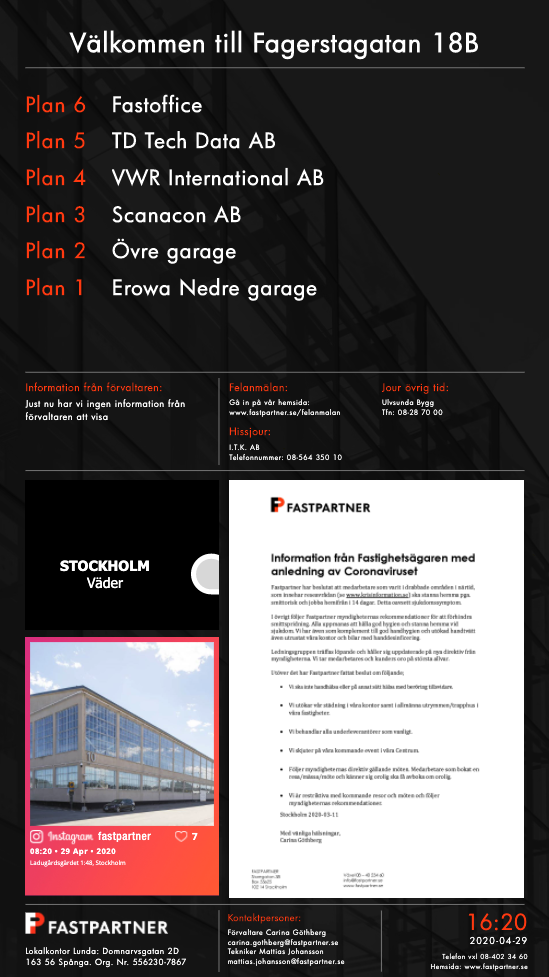 Screen layout at our customer Fastpartner – Digital signage for Real estate